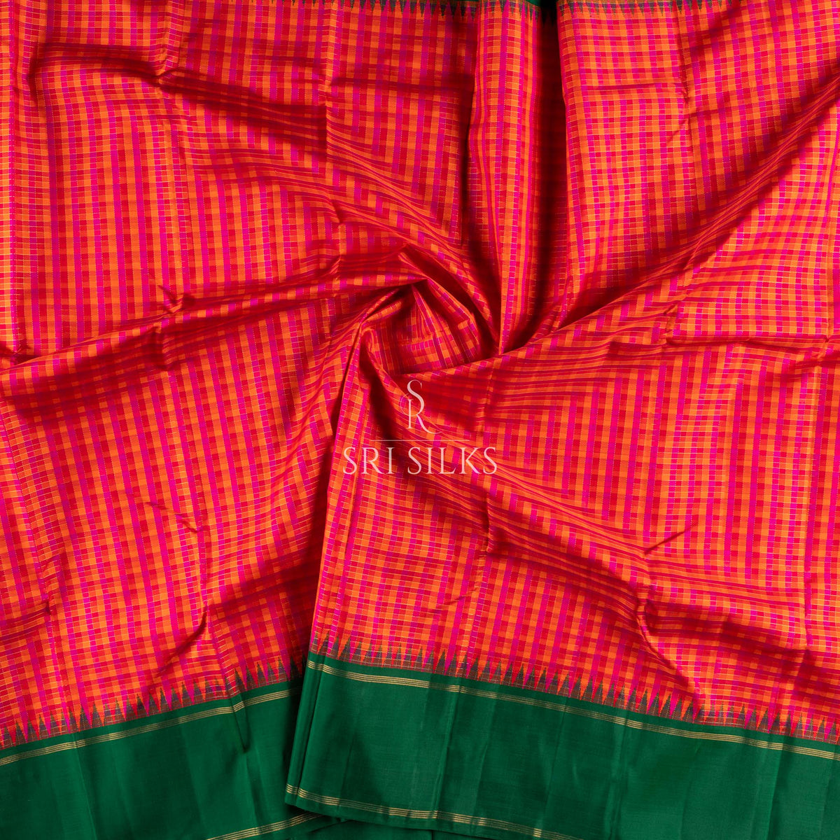 Emerald Green & Pink Checked Kanjivaram Silk Saree with Gold Zari  UID: SRI-KS-260813-008