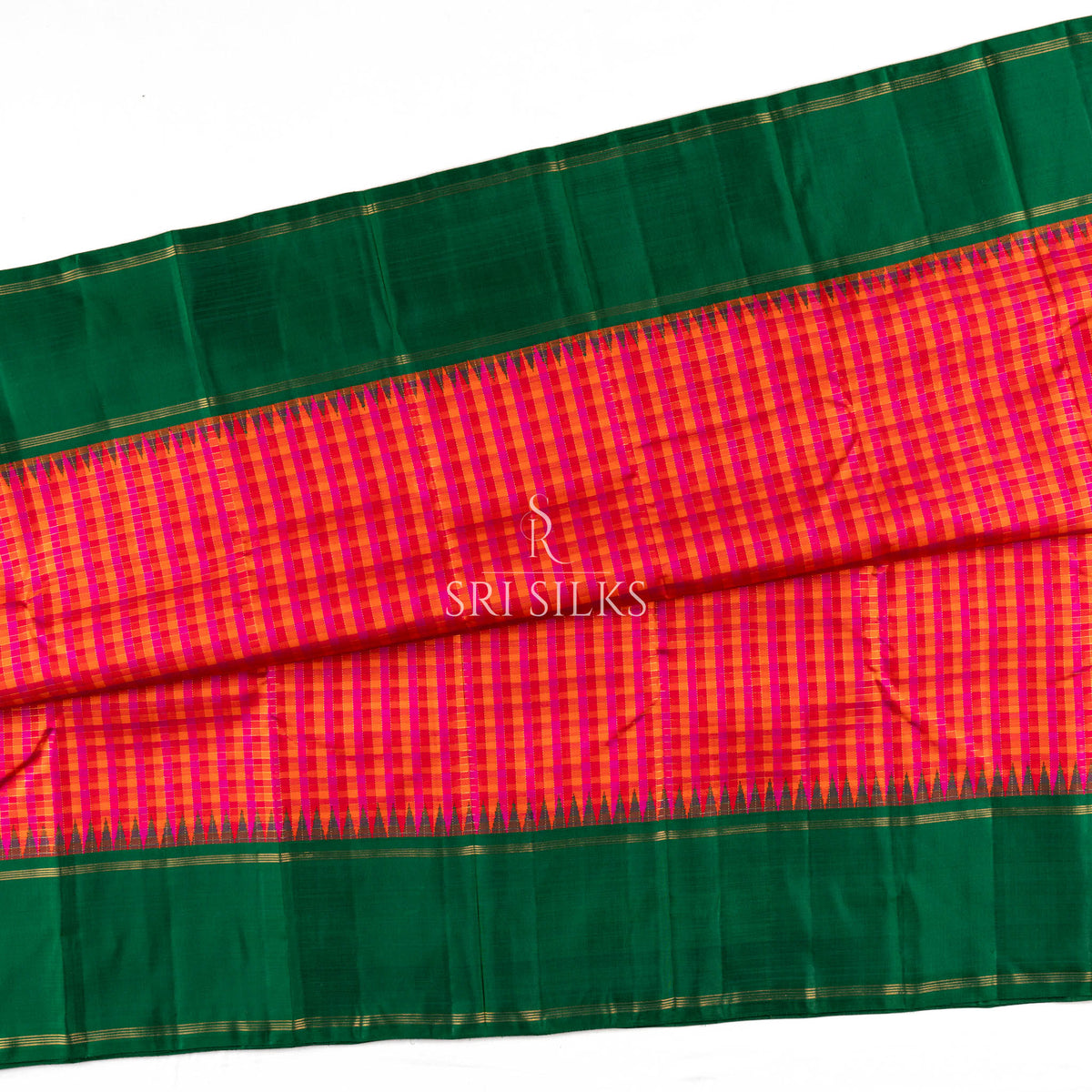 Emerald Green & Pink Checked Kanjivaram Silk Saree with Gold Zari  UID: SRI-KS-260813-008