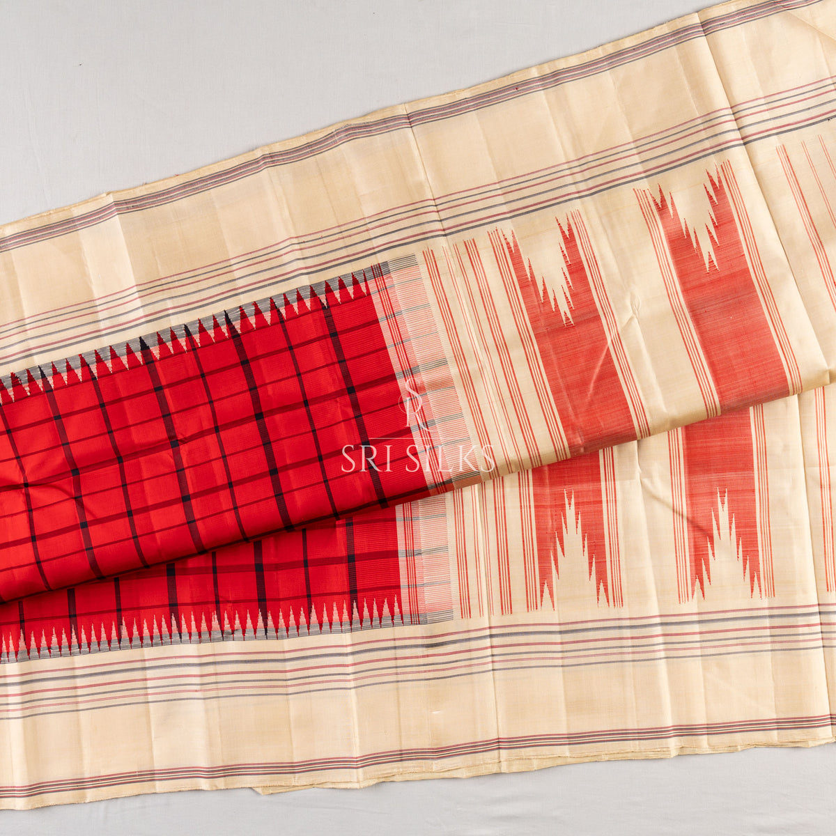 Red Kanjivaram Silk Saree with Ivory Pallu & Checked Body SS-KS-RI-059