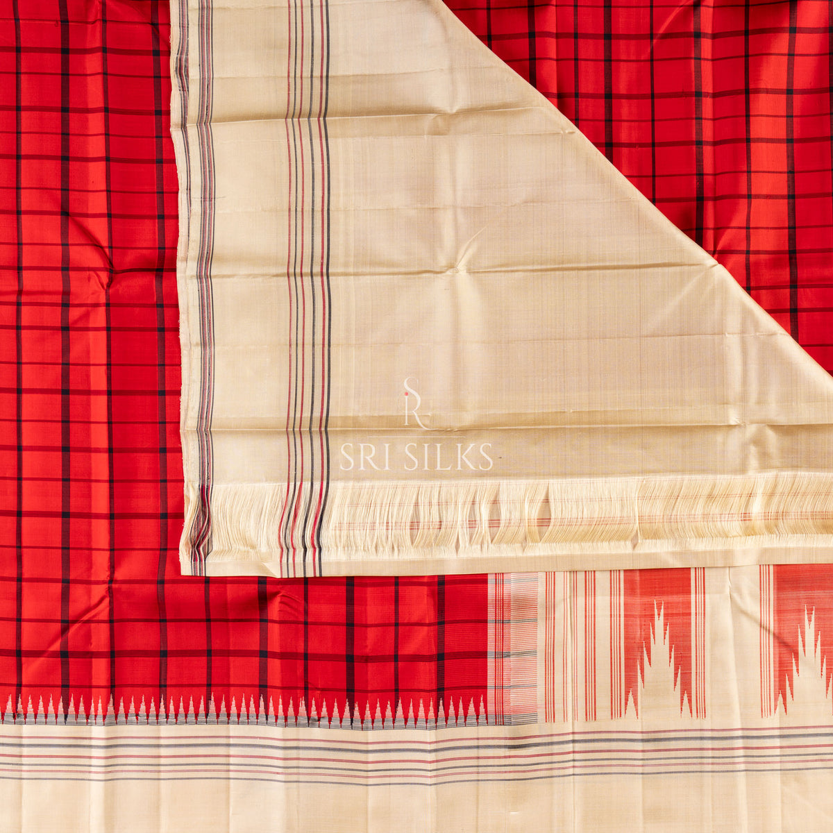 Red Kanjivaram Silk Saree with Ivory Pallu & Checked Body SS-KS-RI-059