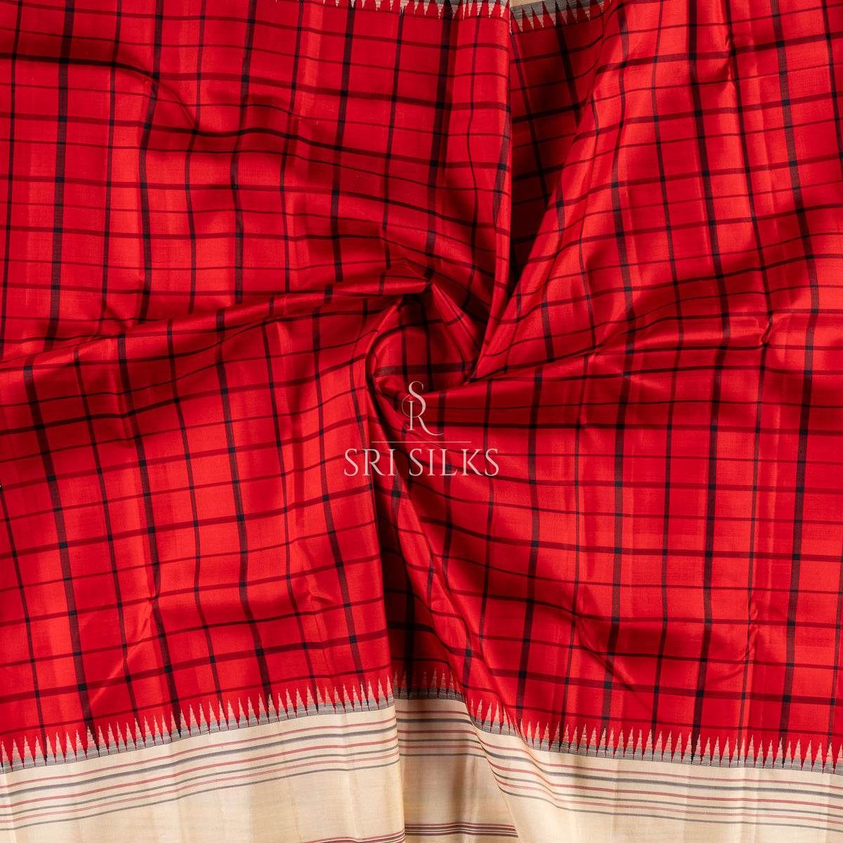 Red Kanjivaram Silk Saree with Ivory Pallu & Checked Body SS-KS-RI-059