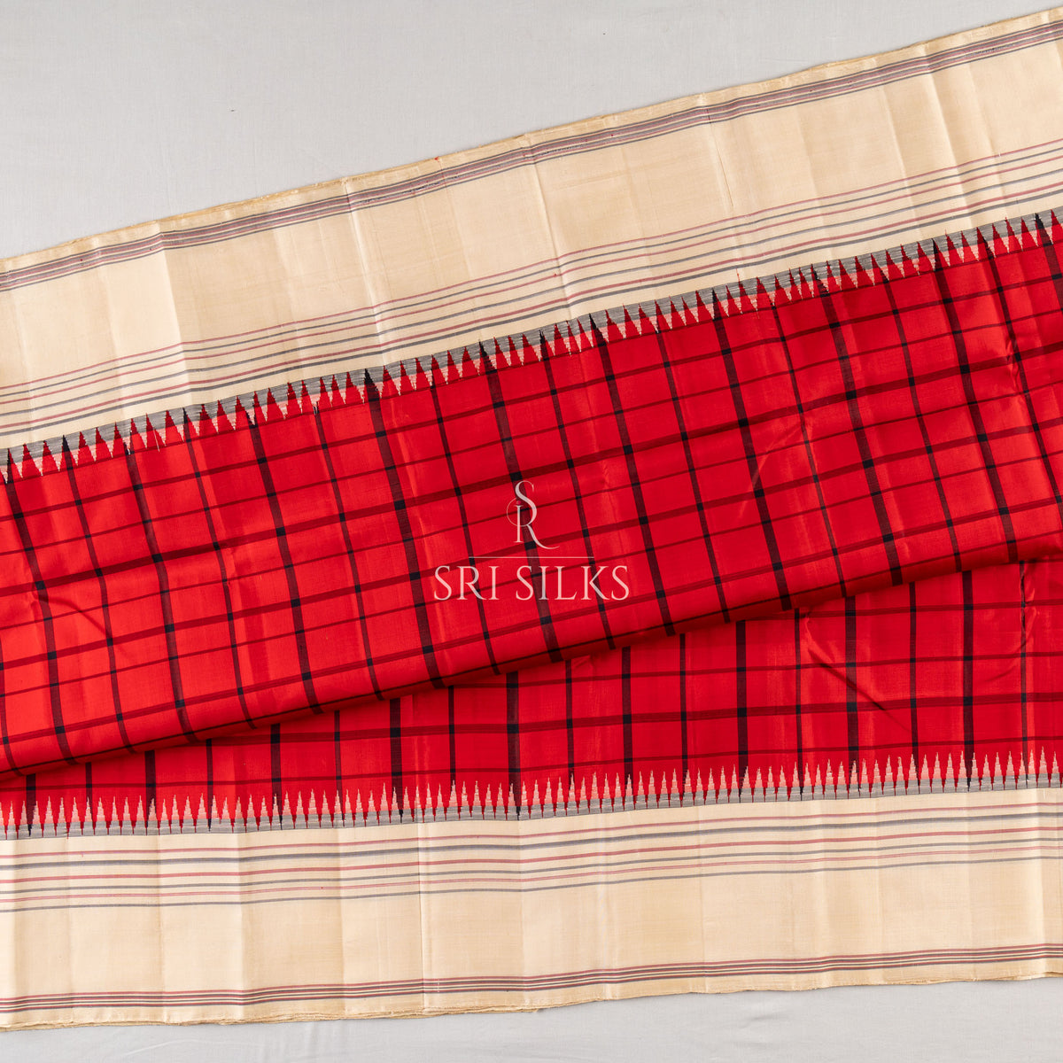 Red Kanjivaram Silk Saree with Ivory Pallu & Checked Body SS-KS-RI-059