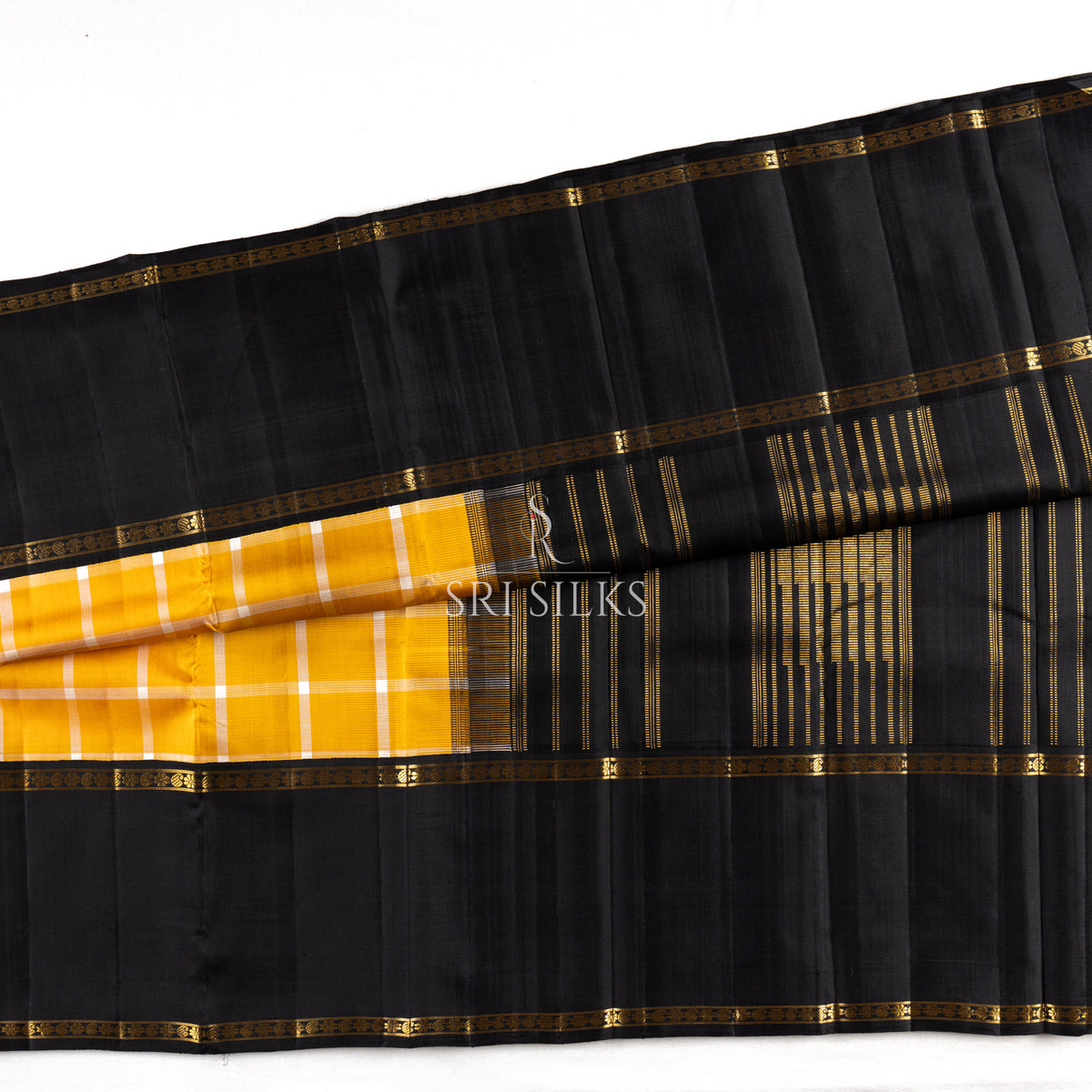 Kanjivaram Silk Saree in Mustard Yellow with Black Pallu & Gold Zari SSK-KS-MYBK-033