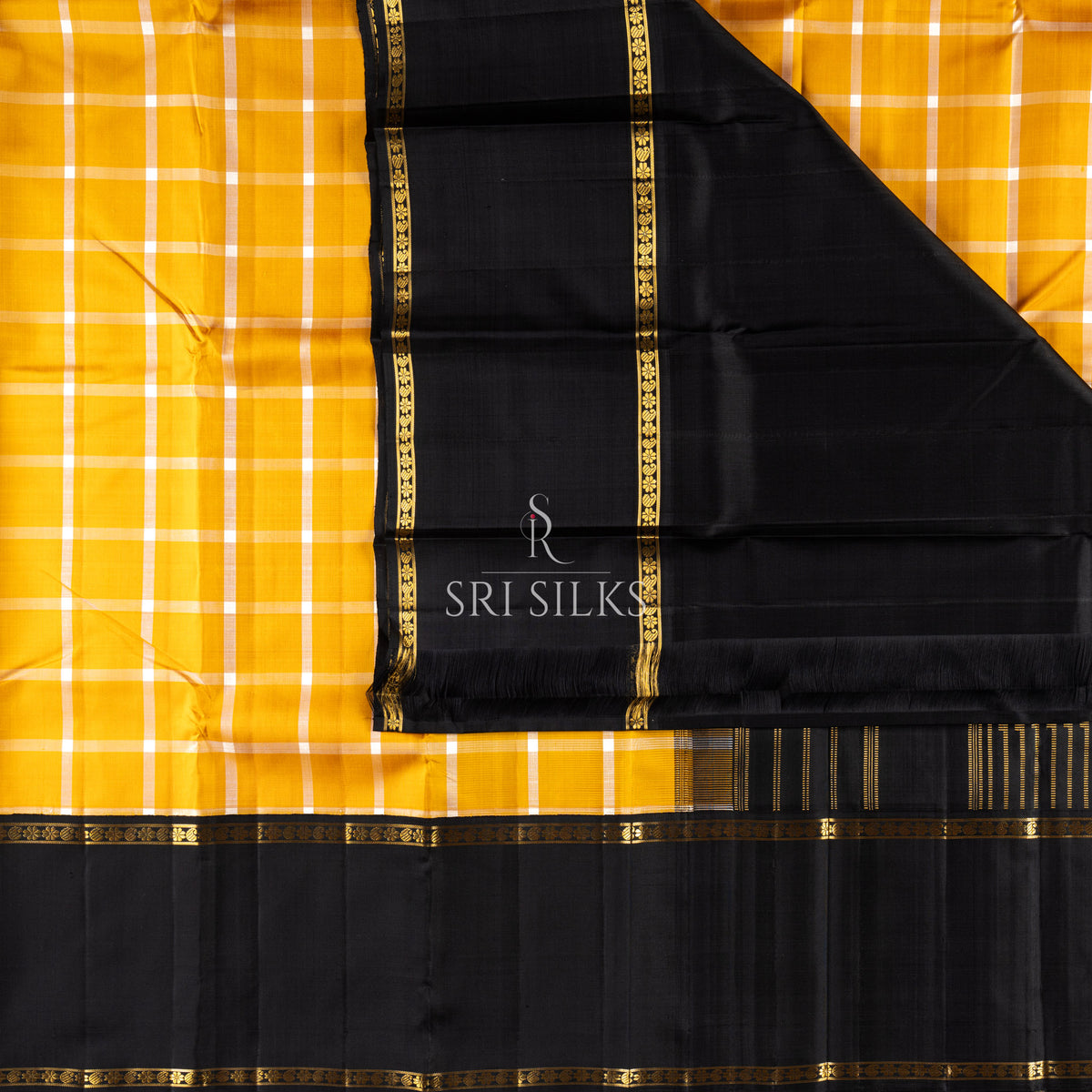 Kanjivaram Silk Saree in Mustard Yellow with Black Pallu & Gold Zari SSK-KS-MYBK-033