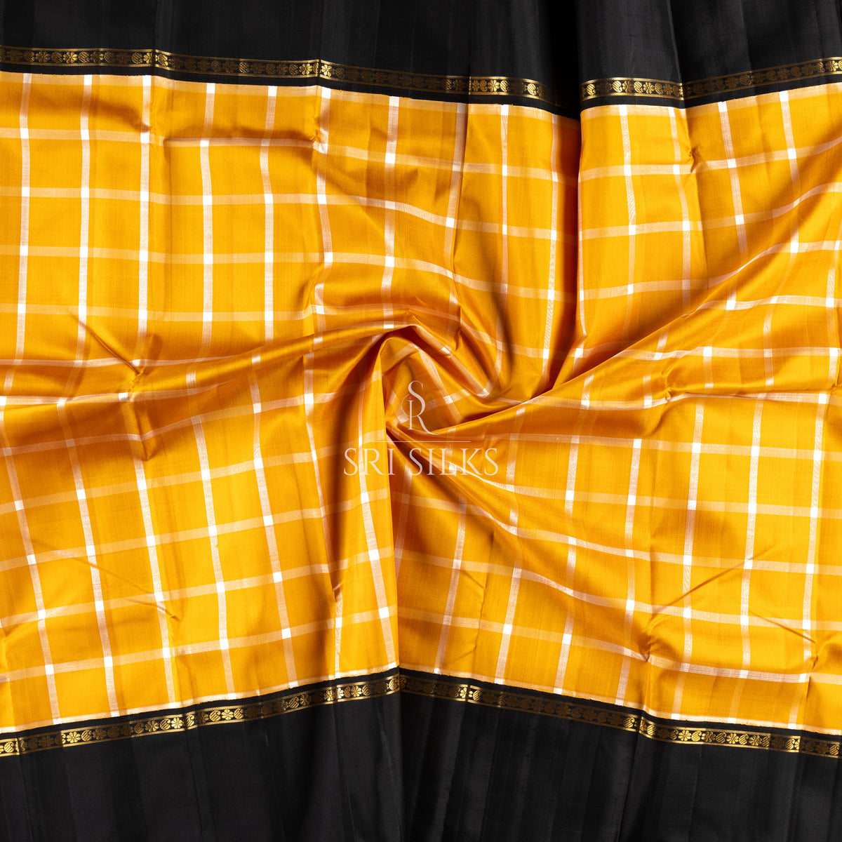Kanjivaram Silk Saree in Mustard Yellow with Black Pallu & Gold Zari SSK-KS-MYBK-033