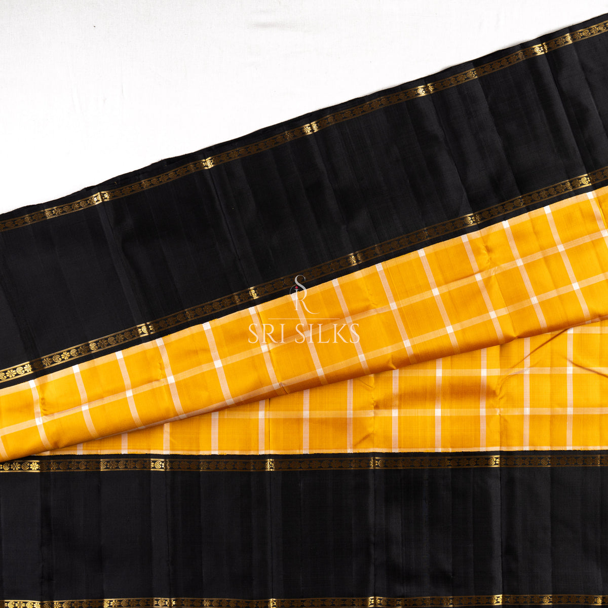 Kanjivaram Silk Saree in Mustard Yellow with Black Pallu & Gold Zari SSK-KS-MYBK-033