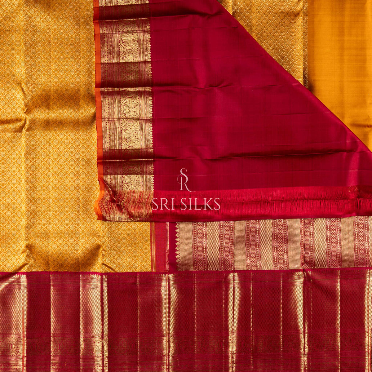 Pure Kanjivaram Silk Saree in Mustard Gold with Maroon Zari SSK-KS-MGMR-019