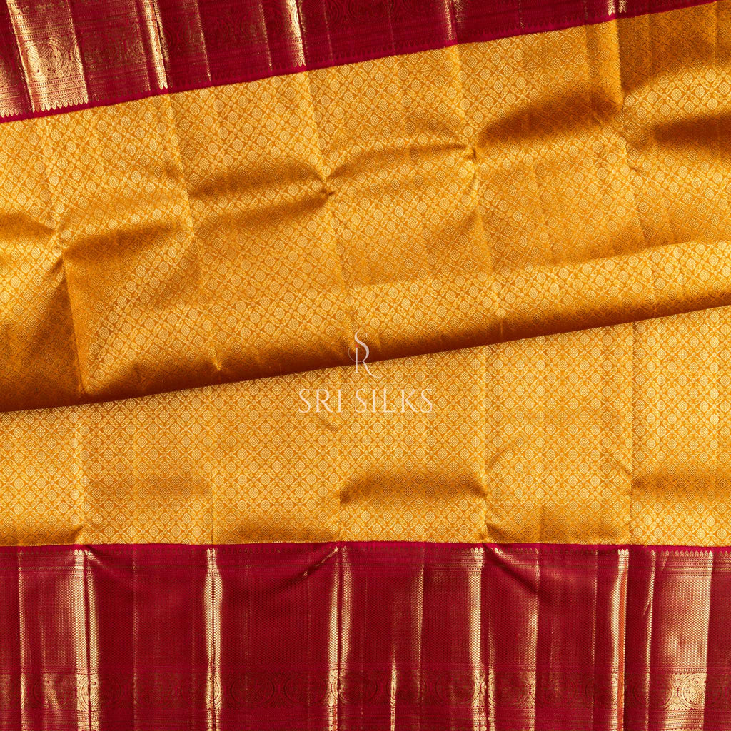 Kanjivaram Silk Saree in Golden Yellow with Crimson Red Zari Pallu SS-KS-GYCR-036
