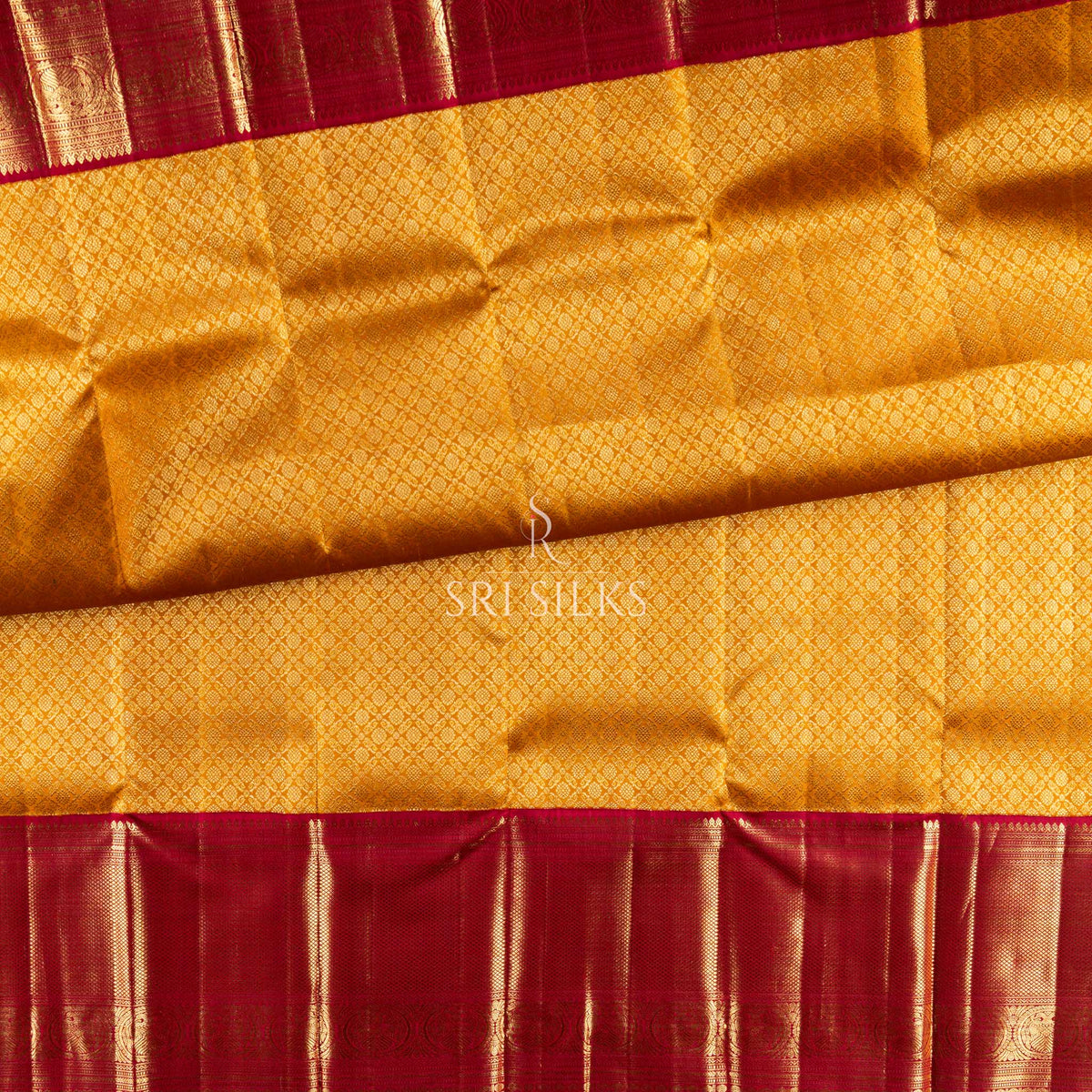 Kanjivaram Silk Saree in Golden Yellow with Crimson Red Zari Pallu SS-KS-GYCR-036