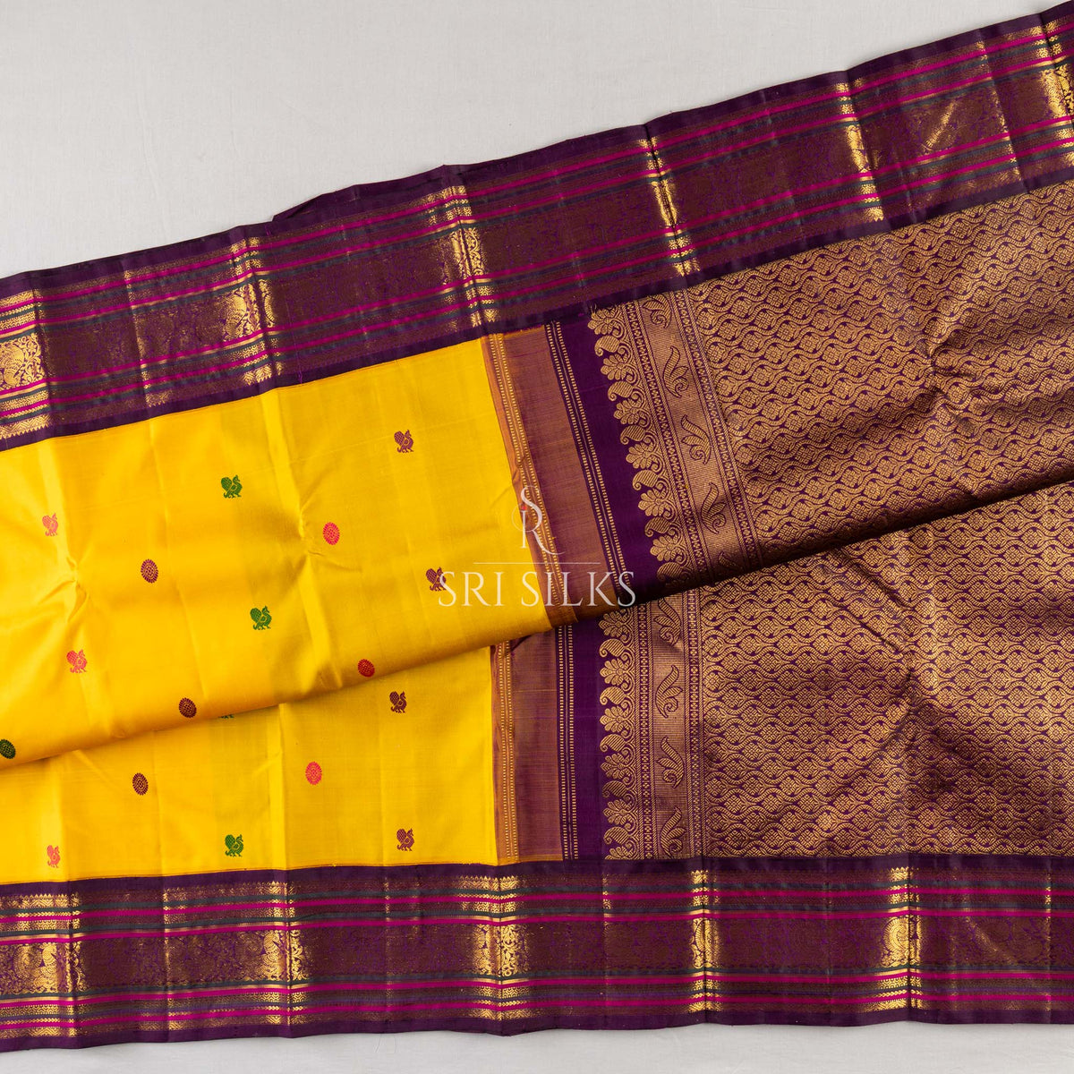 Kanjivaram Silk Saree in Mustard Yellow with Plum Zari Border SSK-KS-MYPL-024