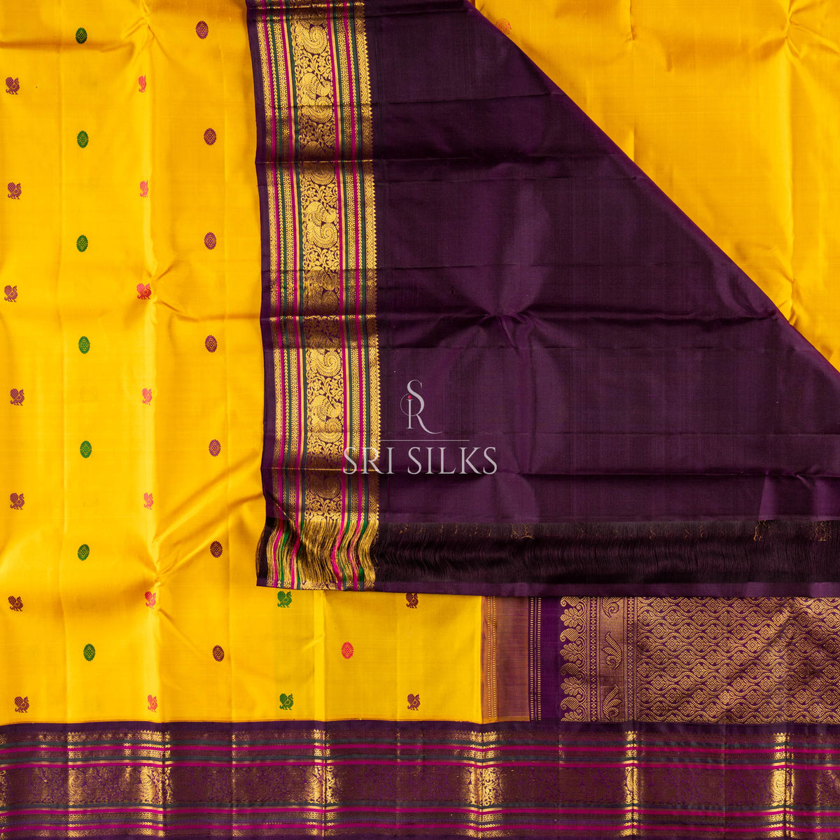 Kanjivaram Silk Saree in Mustard Yellow with Plum Zari Border SSK-KS-MYPL-024