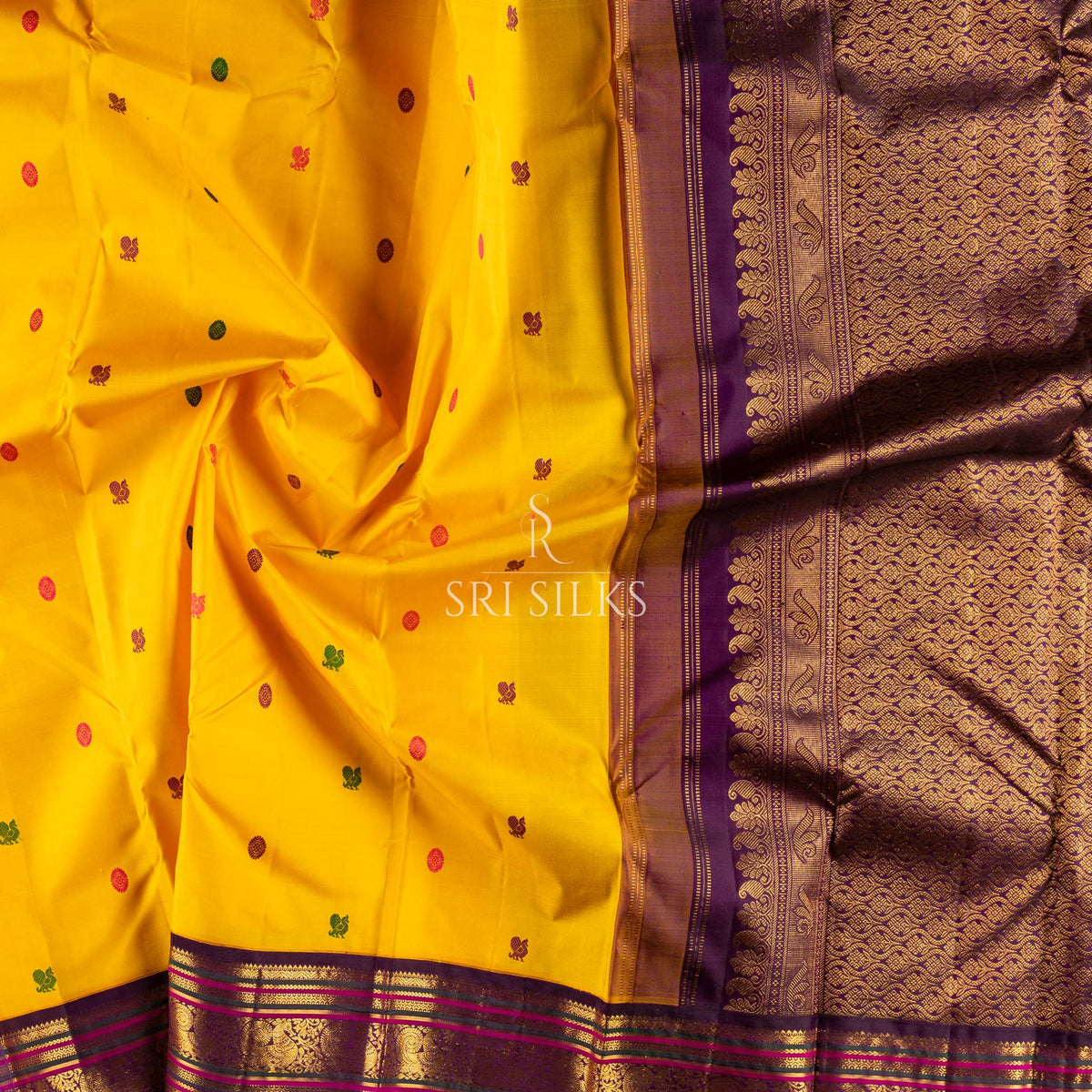Kanjivaram Silk Saree in Mustard Yellow with Plum Zari Border SSK-KS-MYPL-024