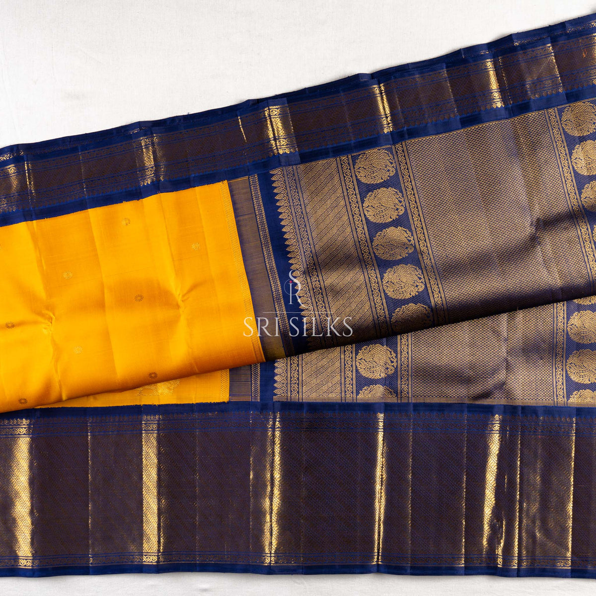 Kanjivaram Silk Saree in Mustard Gold with Navy Blue Zari Border SSK-KS-MUST-NAV-037