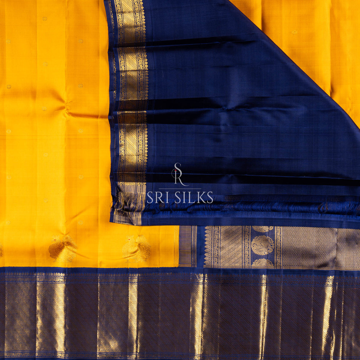 Kanjivaram Silk Saree in Mustard Gold with Navy Blue Zari Border SSK-KS-MUST-NAV-037