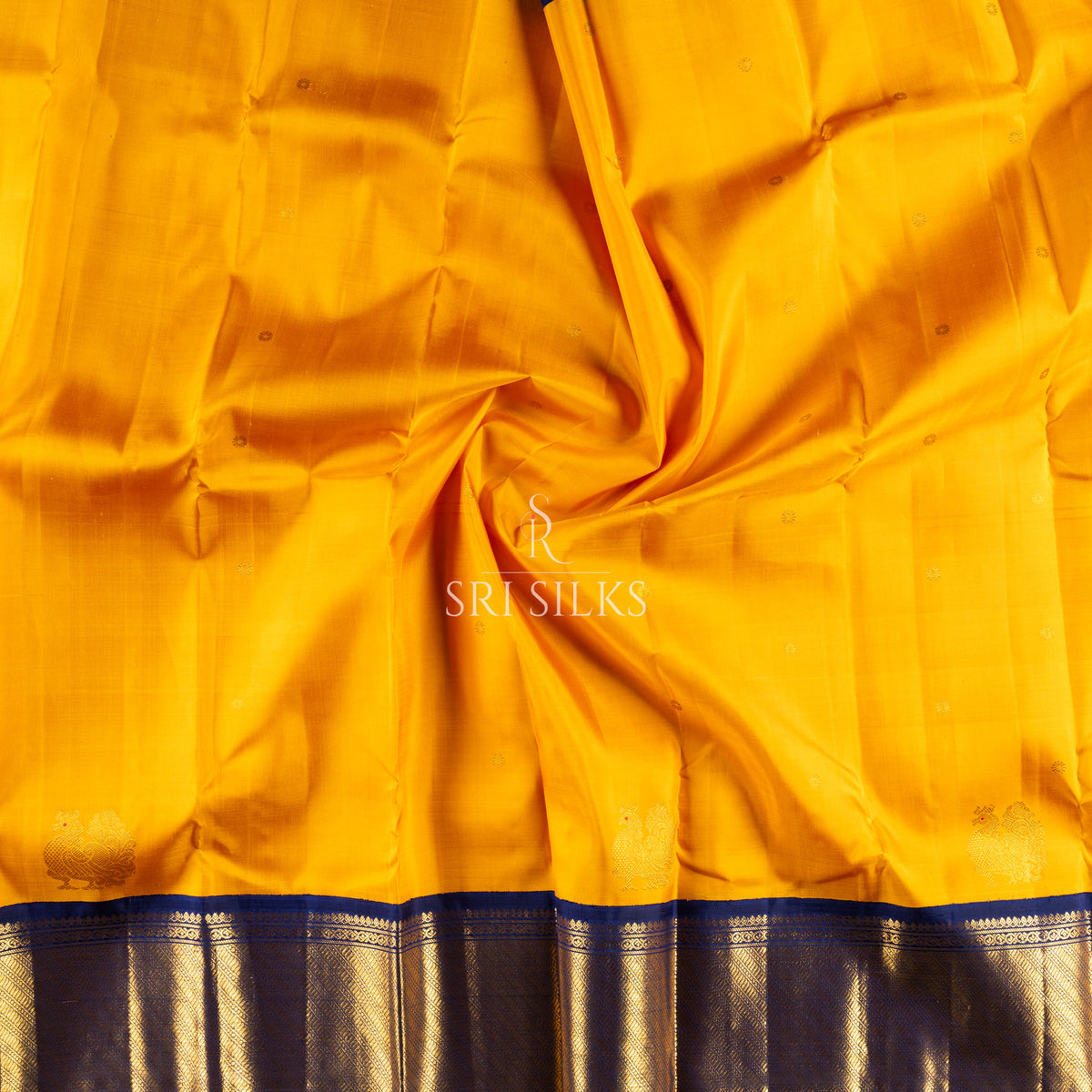 Kanjivaram Silk Saree in Mustard Gold with Navy Blue Zari Border SSK-KS-MUST-NAV-037