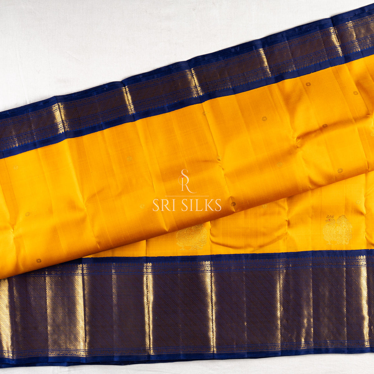 Kanjivaram Silk Saree in Mustard Gold with Navy Blue Zari Border SSK-KS-MUST-NAV-037
