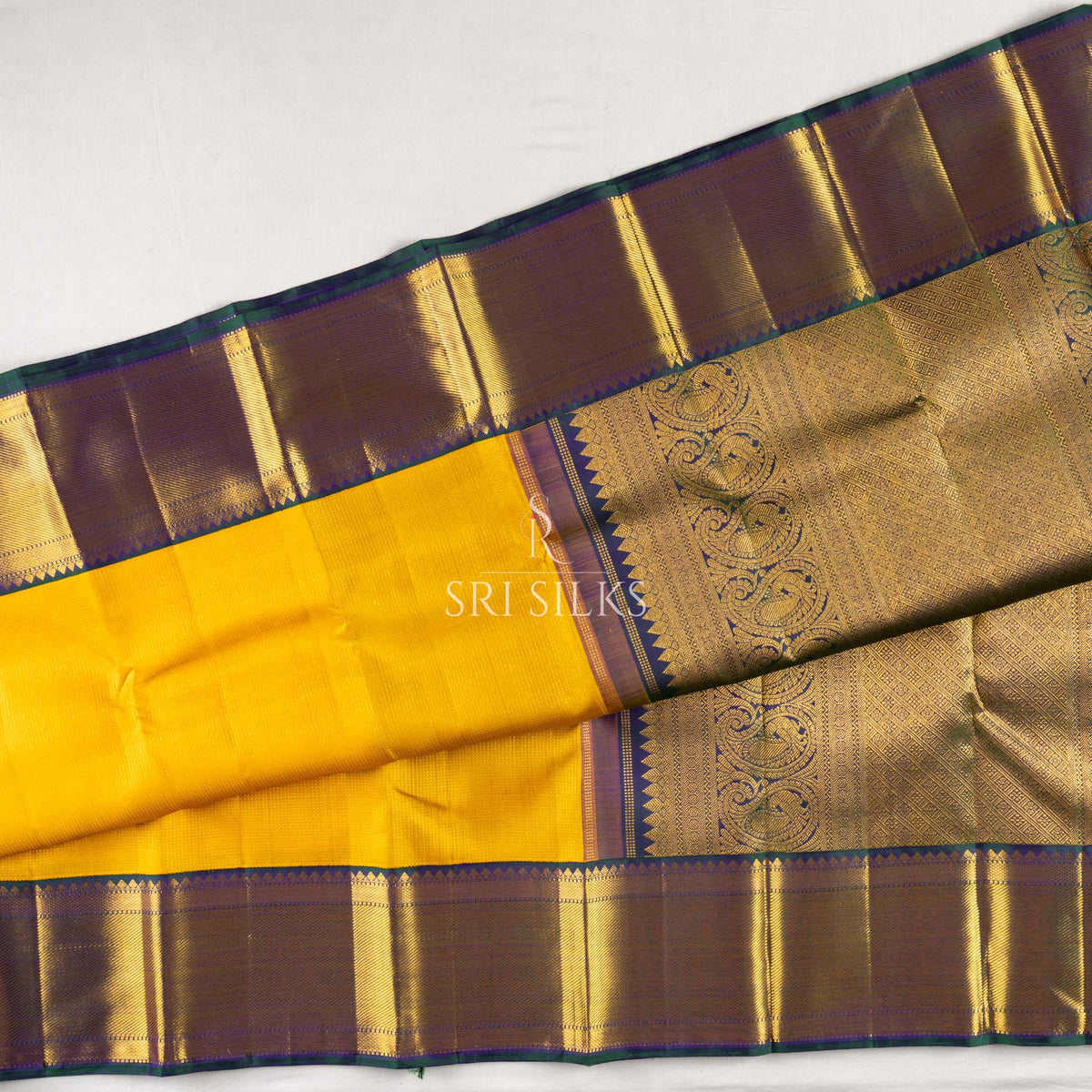Mustard Yellow Kanjivaram Silk Saree with Navy Blue Zari Border SK-KS-MYNB-035