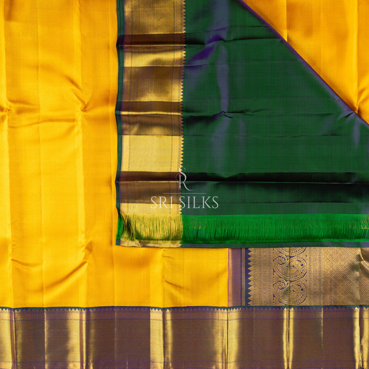 Mustard Yellow Kanjivaram Silk Saree with Navy Blue Zari Border SK-KS-MYNB-035