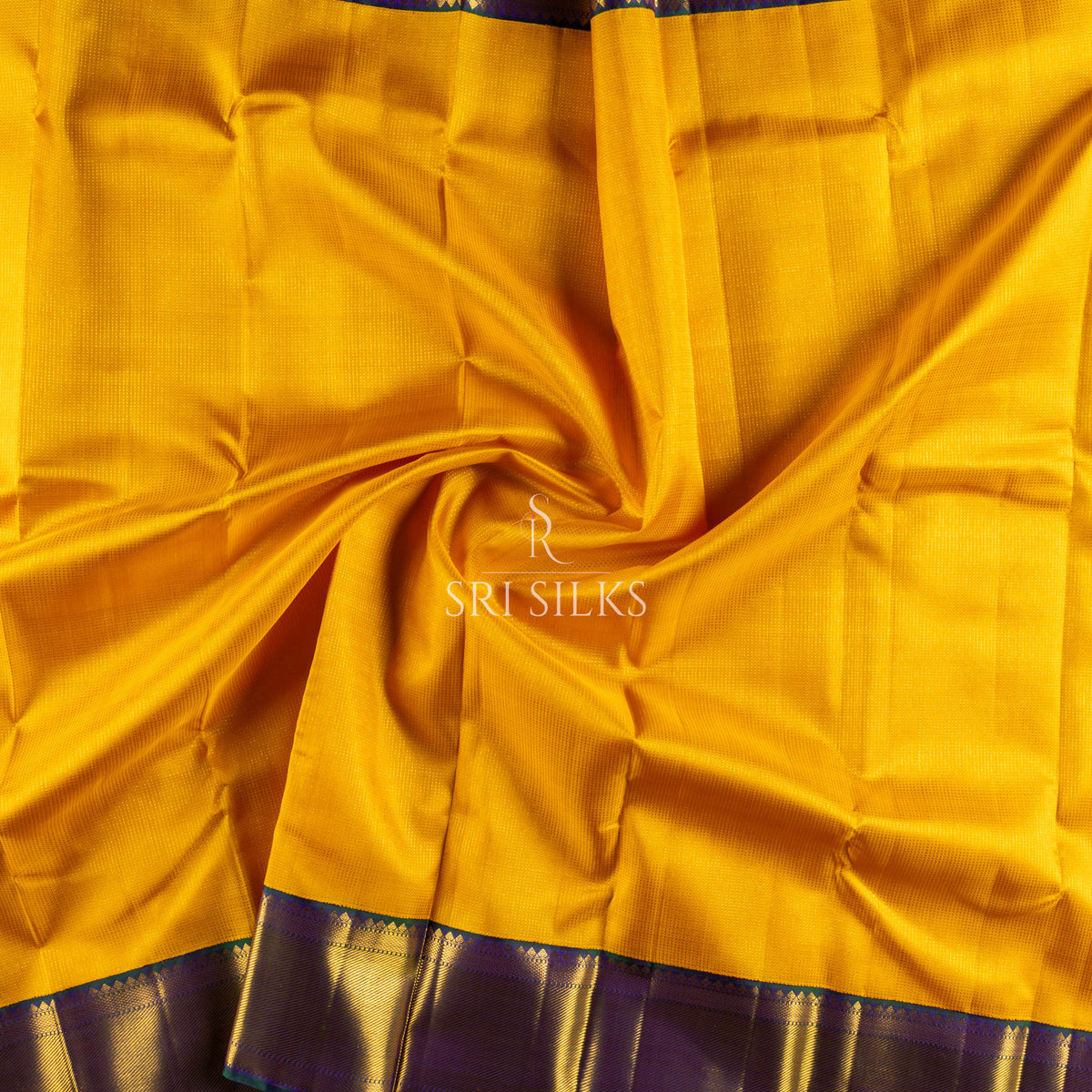 Mustard Yellow Kanjivaram Silk Saree with Navy Blue Zari Border SK-KS-MYNB-035