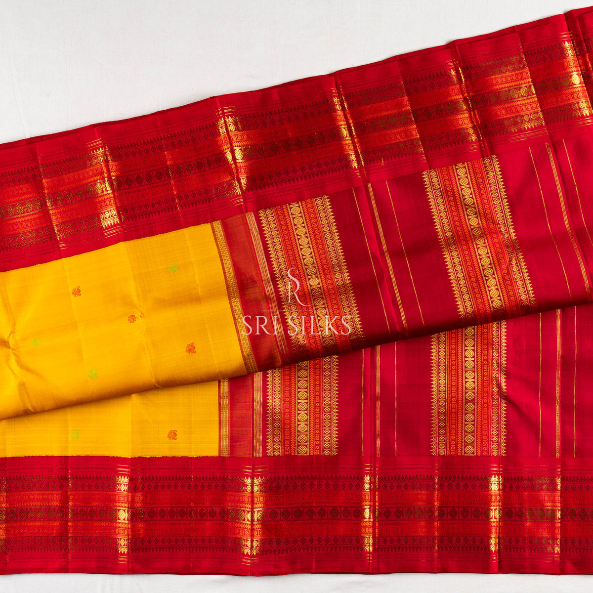 Kanjivaram Silk Saree in Mustard Yellow with Red Zari Border SSK-KS-MYRD-032