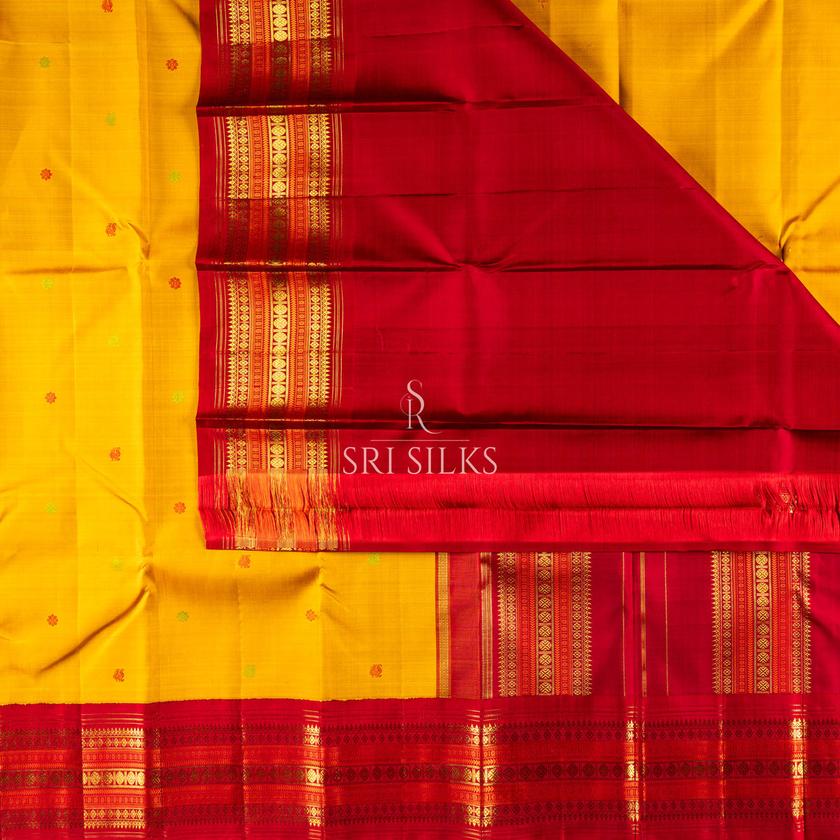 Kanjivaram Silk Saree in Mustard Yellow with Red Zari Border SSK-KS-MYRD-032