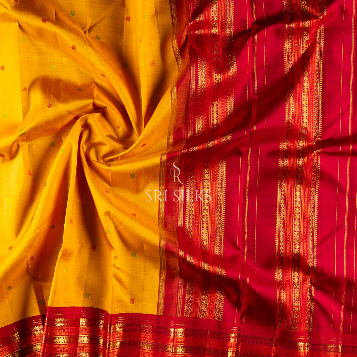 Kanjivaram Silk Saree in Mustard Yellow with Red Zari Border SSK-KS-MYRD-032