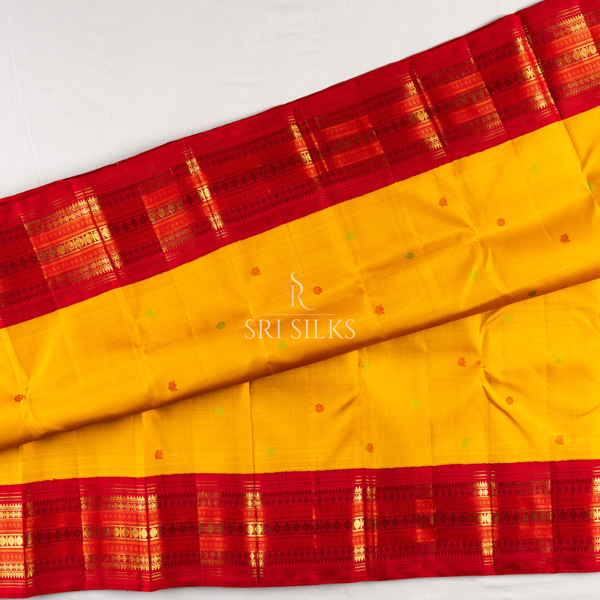 Kanjivaram Silk Saree in Mustard Yellow with Red Zari Border SSK-KS-MYRD-032