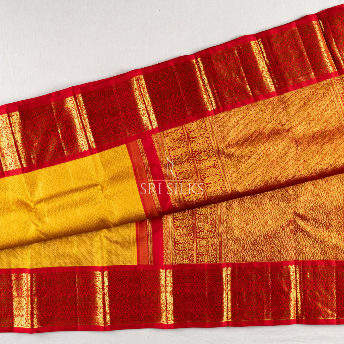 Kanjivaram Silk Saree in Golden Yellow with Red Zari Border SK-KS-GYRD-034