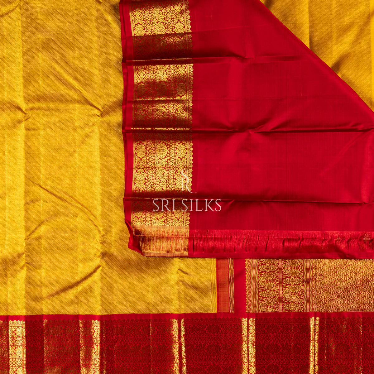 Kanjivaram Silk Saree in Golden Yellow with Red Zari Border SK-KS-GYRD-034