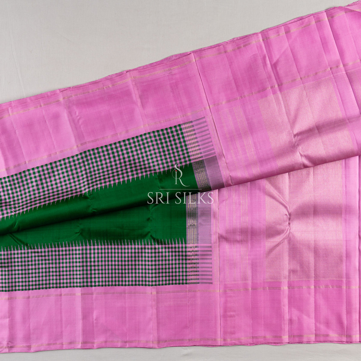 Pure Kanjivaram Silk Saree in Emerald Green & Rose Pink with Zari SSK-KS-EGRP-029