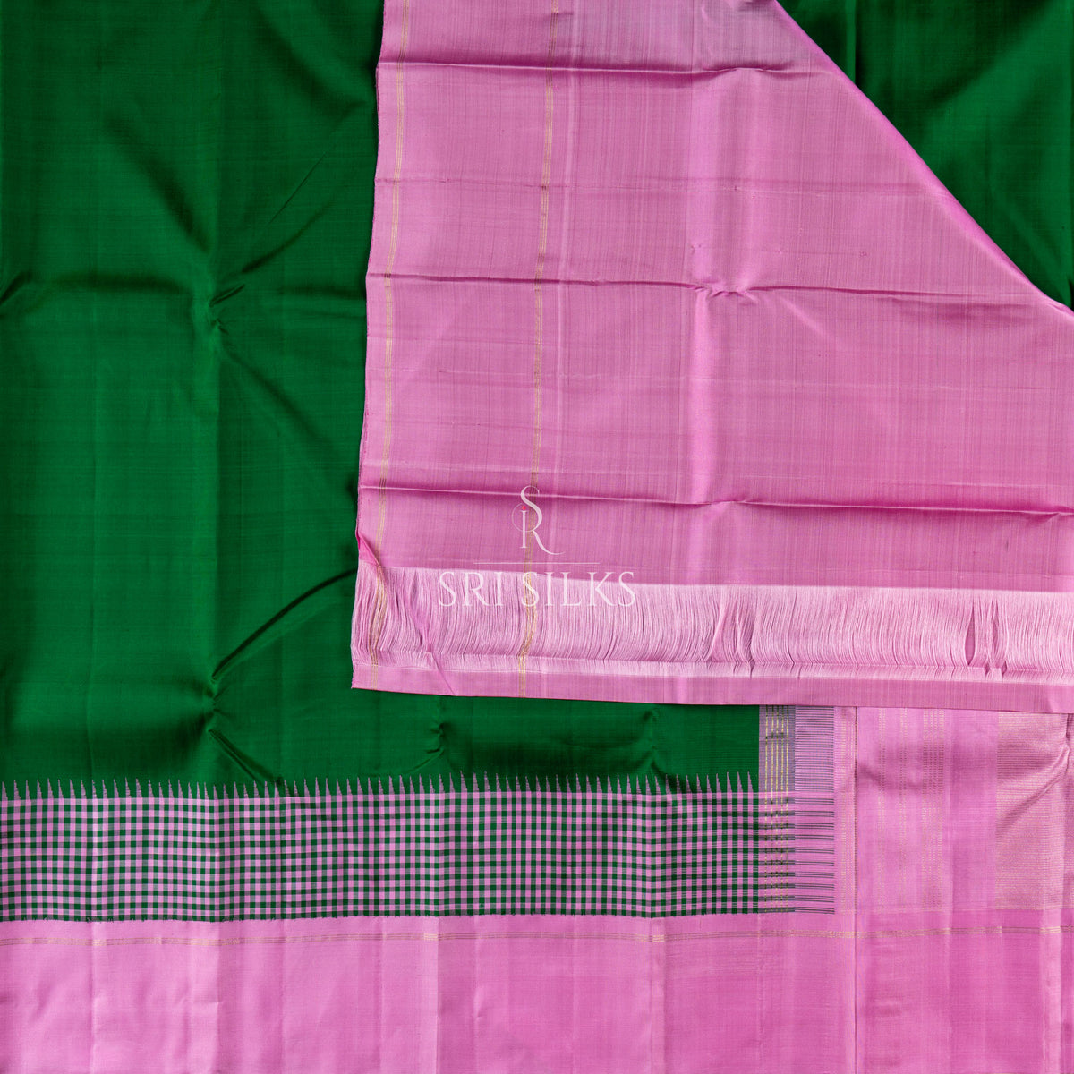 Pure Kanjivaram Silk Saree in Emerald Green & Rose Pink with Zari SSK-KS-EGRP-029
