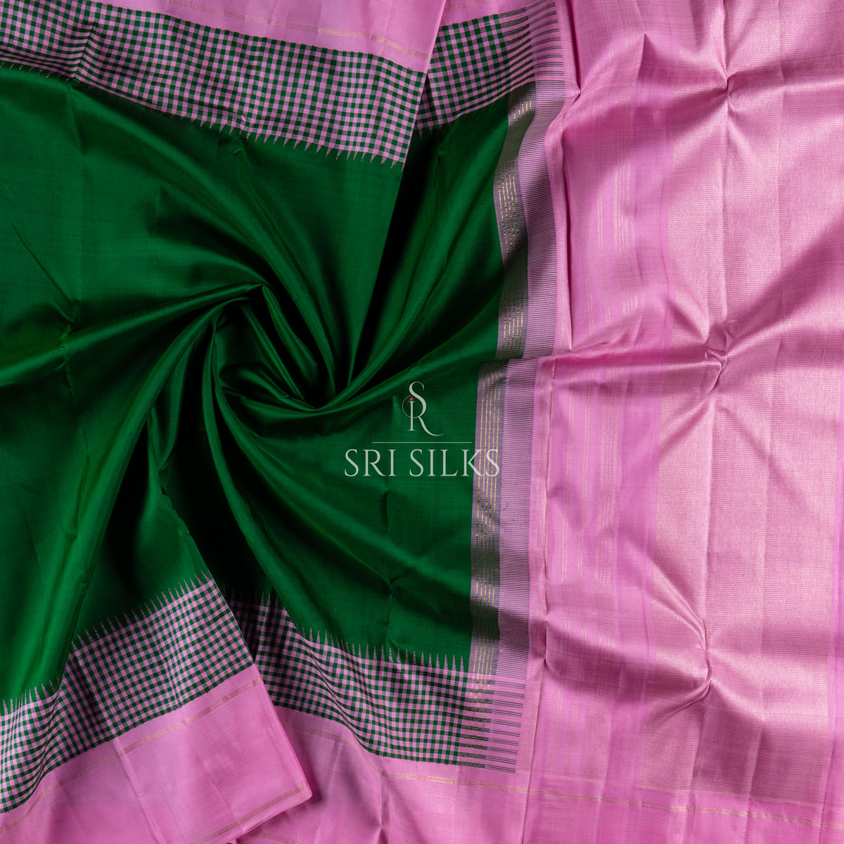 Pure Kanjivaram Silk Saree in Emerald Green & Rose Pink with Zari SSK-KS-EGRP-029