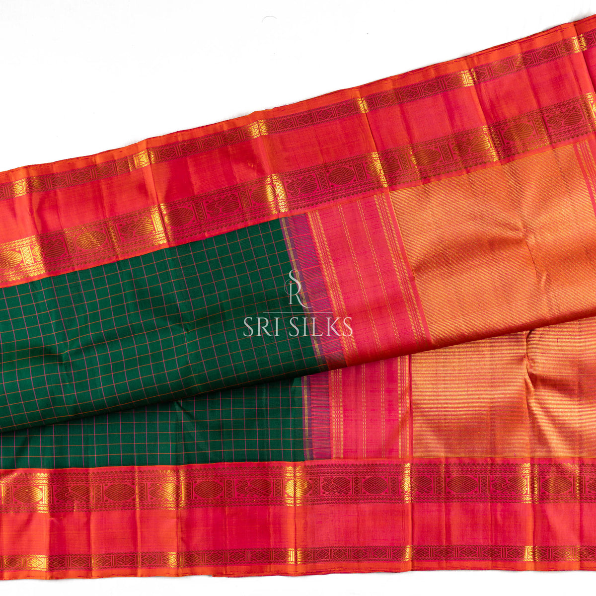 Kanjivaram Silk Saree in Emerald Green with Coral Red Zari Border SSK-KS-EGCR-023