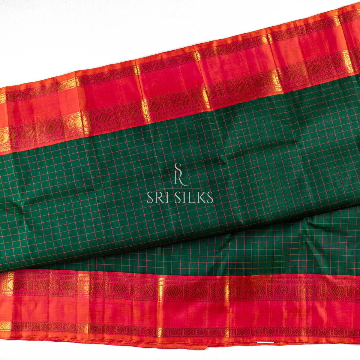 Kanjivaram Silk Saree in Emerald Green with Coral Red Zari Border SSK-KS-EGCR-023