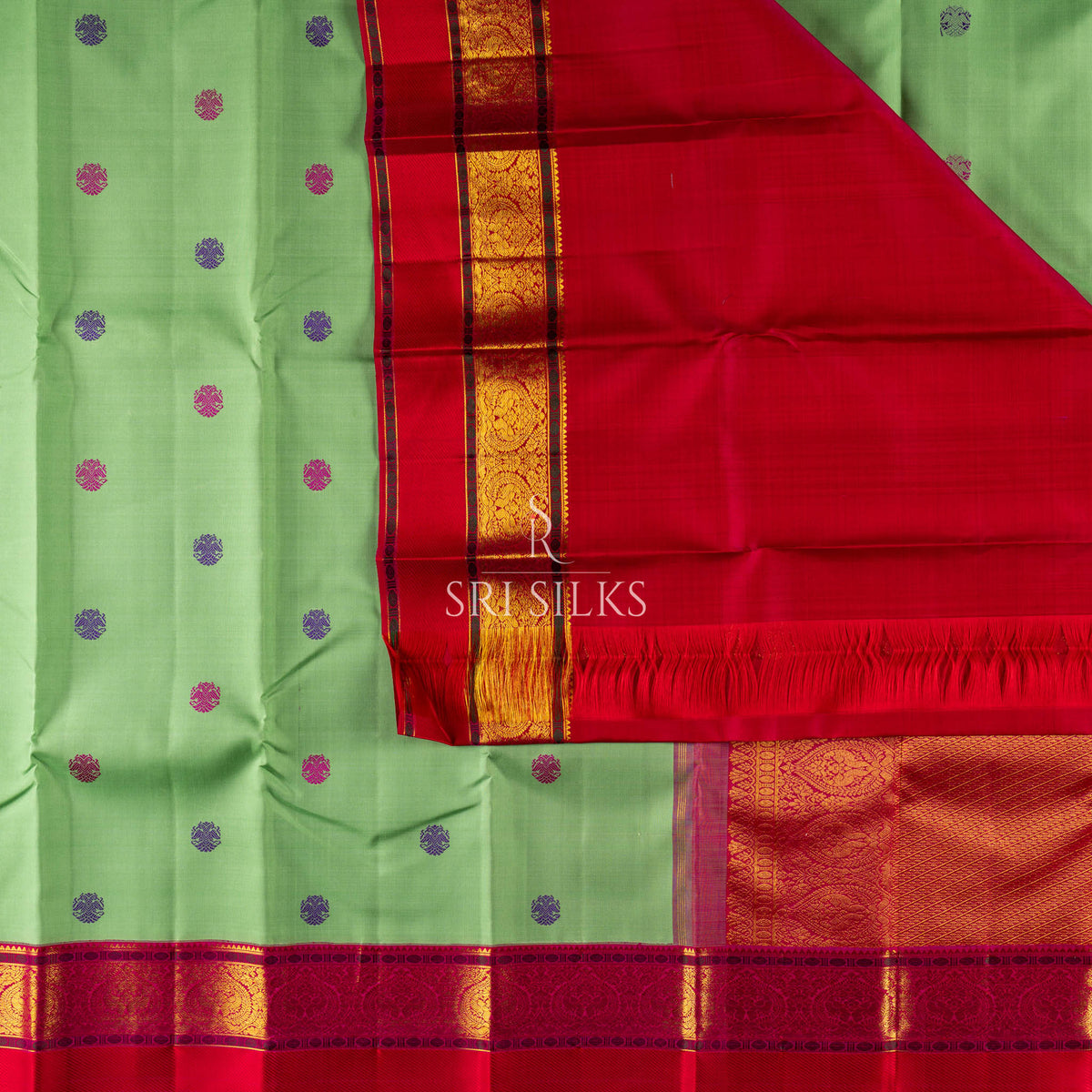 Kanjivaram Silk Saree in Leaf Green with Crimson Red & Gold Zari SRS-KAN-GRN-CRIM-045