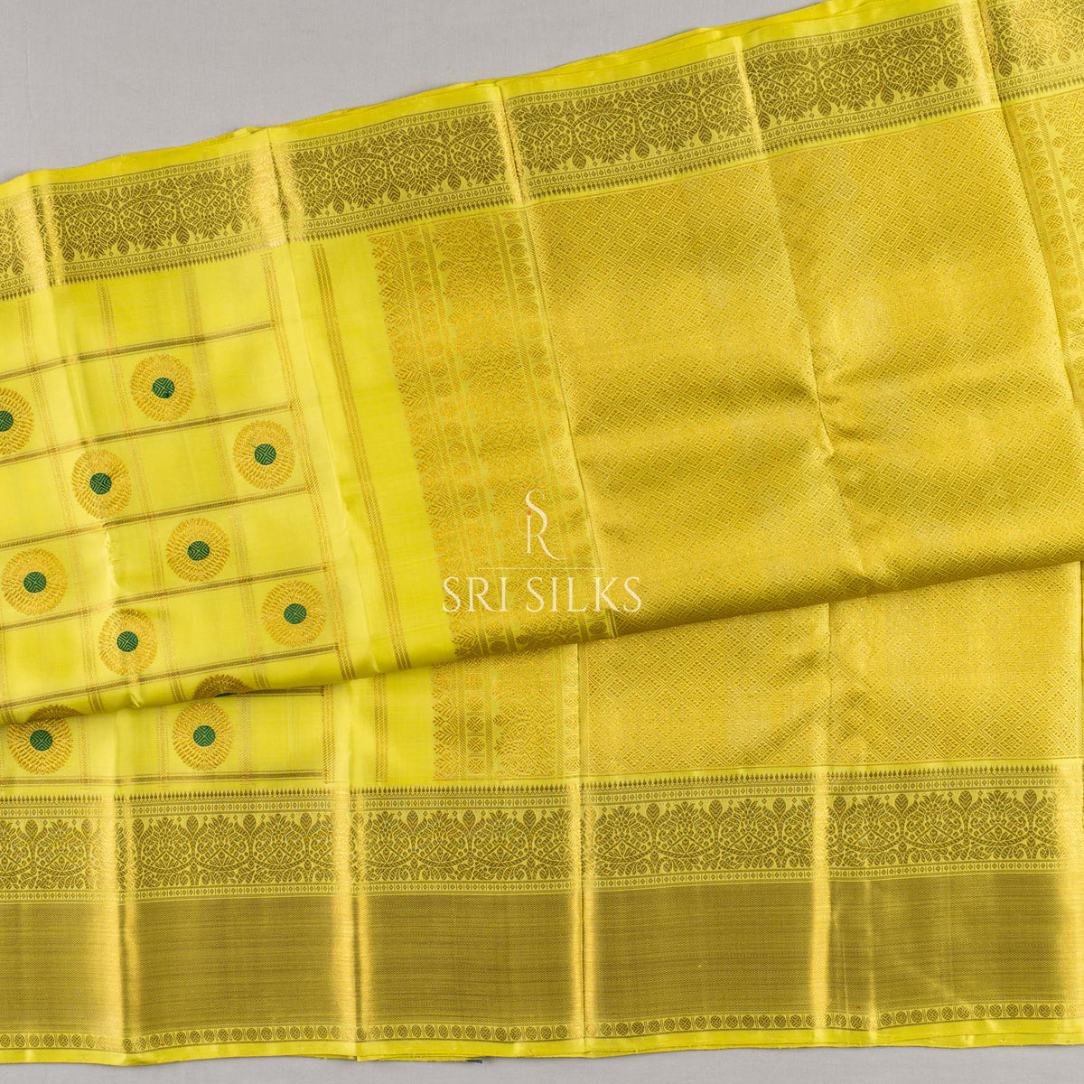 Pure Kanjivaram Silk Saree in Golden Yellow with Zari Motifs  UID Code: SRS-KAN-GY-072