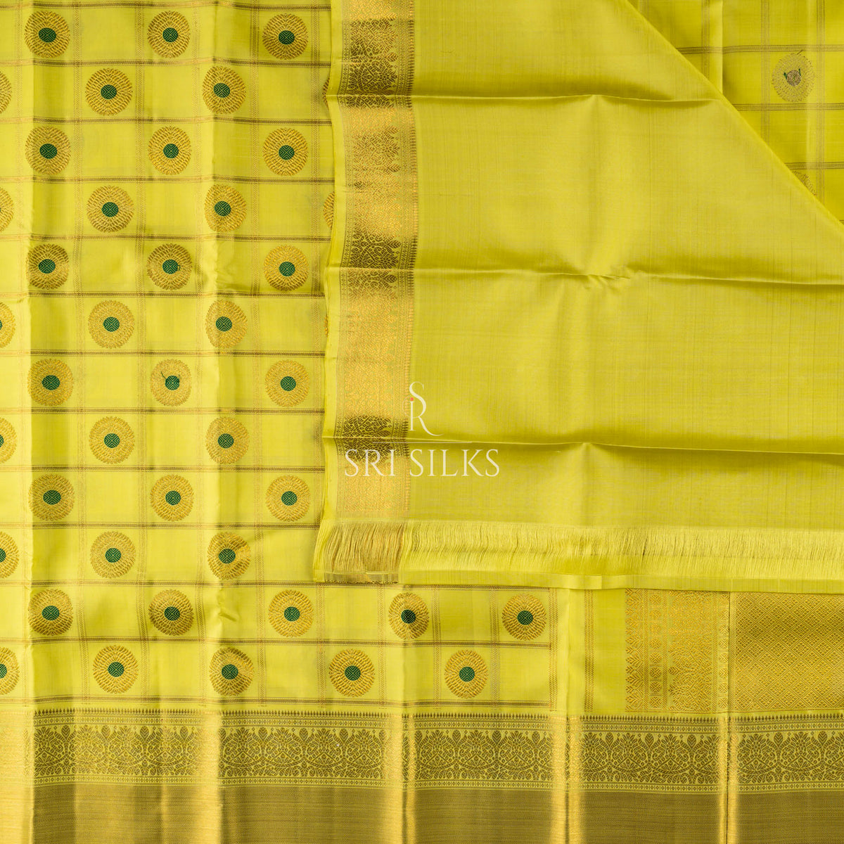 Pure Kanjivaram Silk Saree in Golden Yellow with Zari Motifs  UID Code: SRS-KAN-GY-072