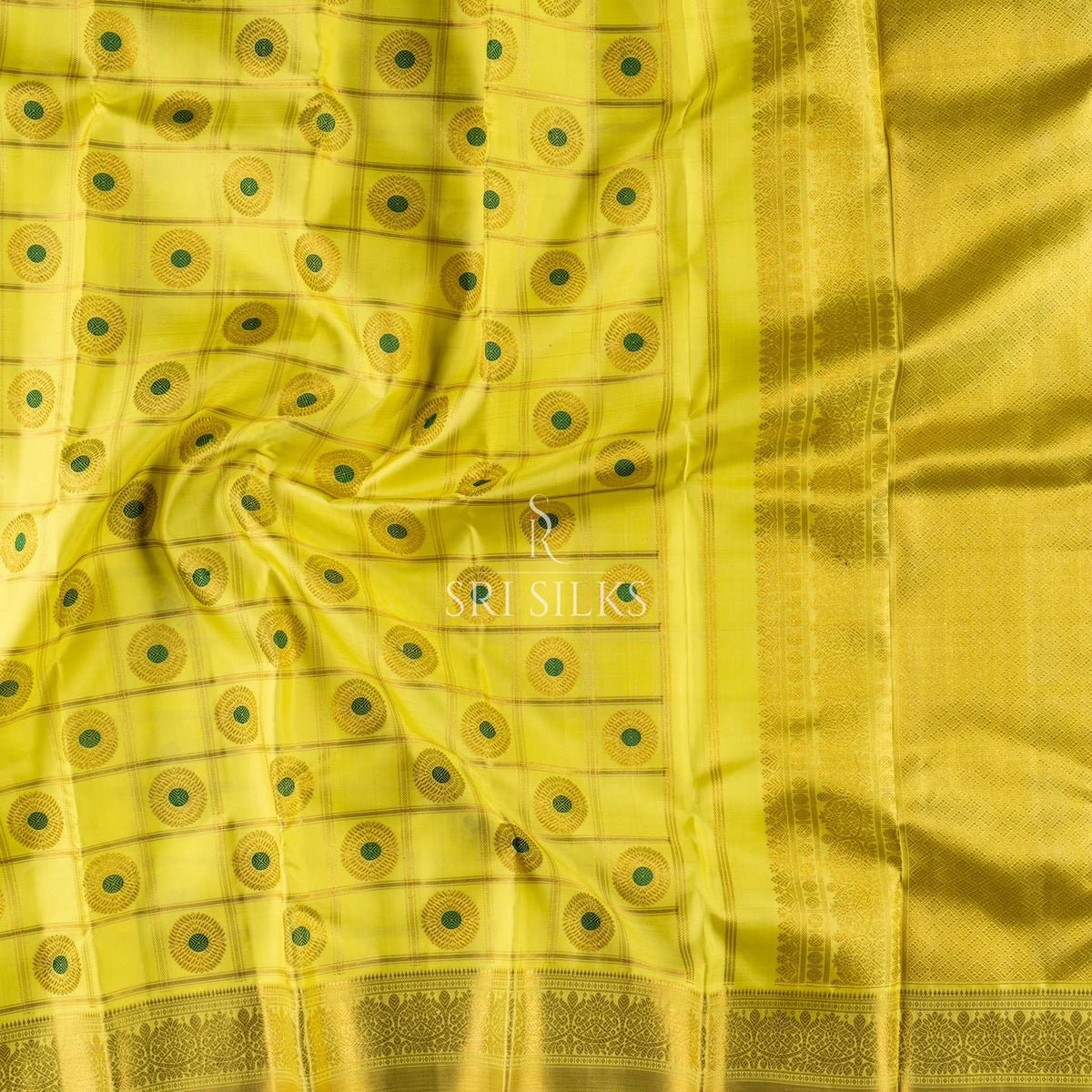 Pure Kanjivaram Silk Saree in Golden Yellow with Zari Motifs  UID Code: SRS-KAN-GY-072