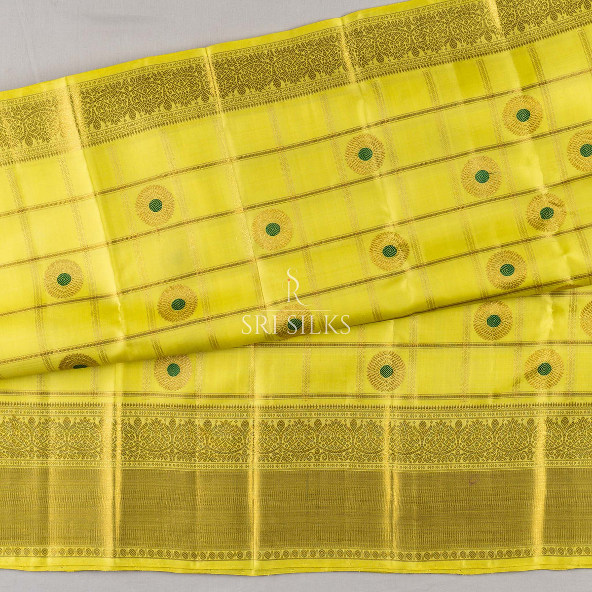 Pure Kanjivaram Silk Saree in Golden Yellow with Zari Motifs  UID Code: SRS-KAN-GY-072