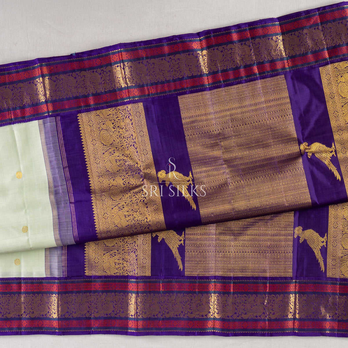 Kanjivaram Silk Saree in Mint Green & Royal Violet with Gold Zari SRS-KAN-MG-VL-050