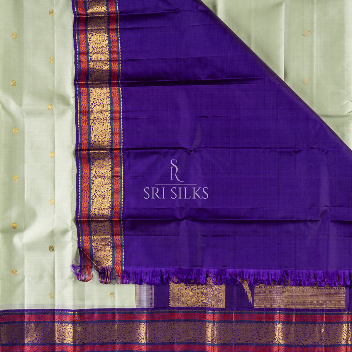 Kanjivaram Silk Saree in Mint Green & Royal Violet with Gold Zari SRS-KAN-MG-VL-050