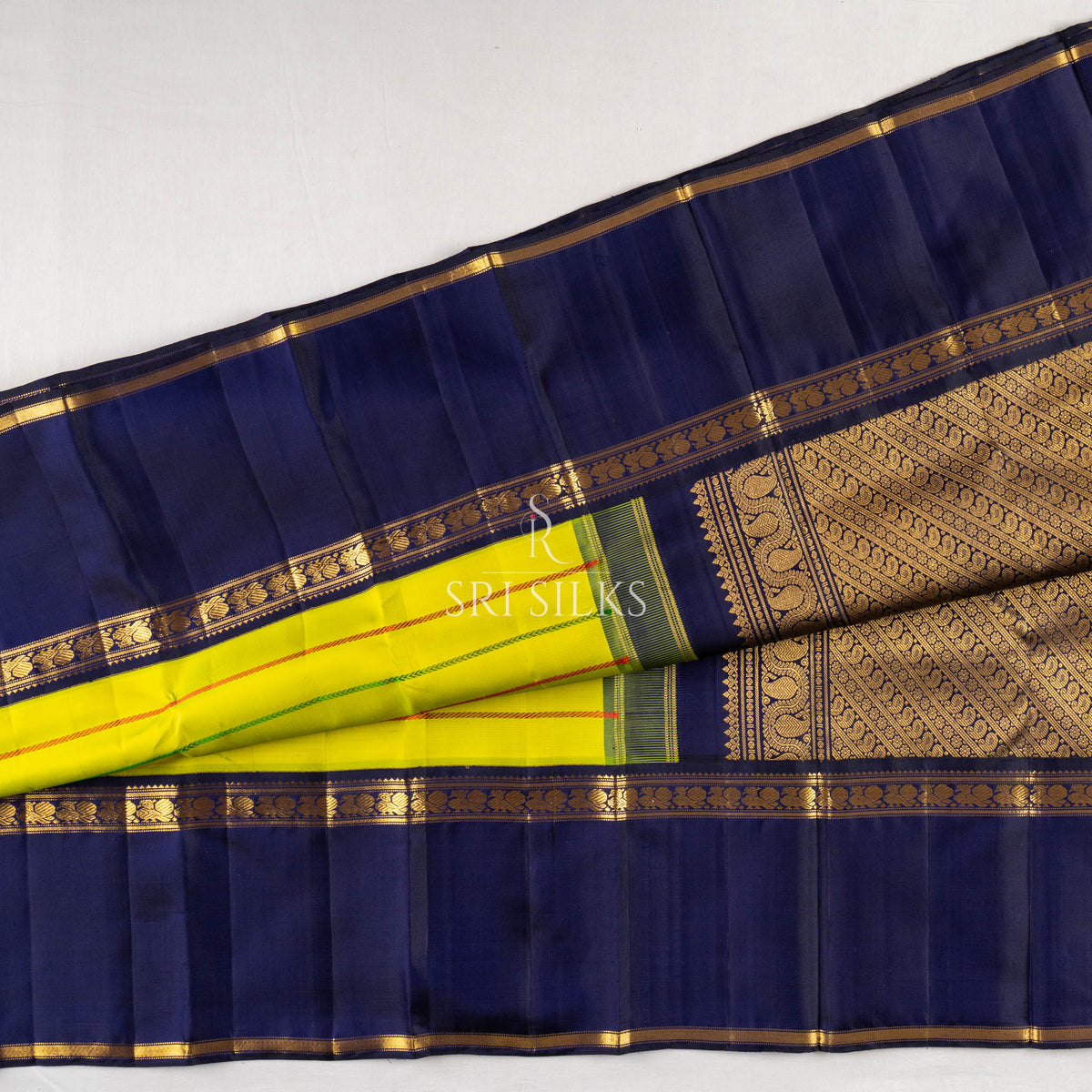 Product Title: Kanjivaram Silk Saree in Lime Yellow with Navy Blue Zari Border SSK-KS-LYNV-020