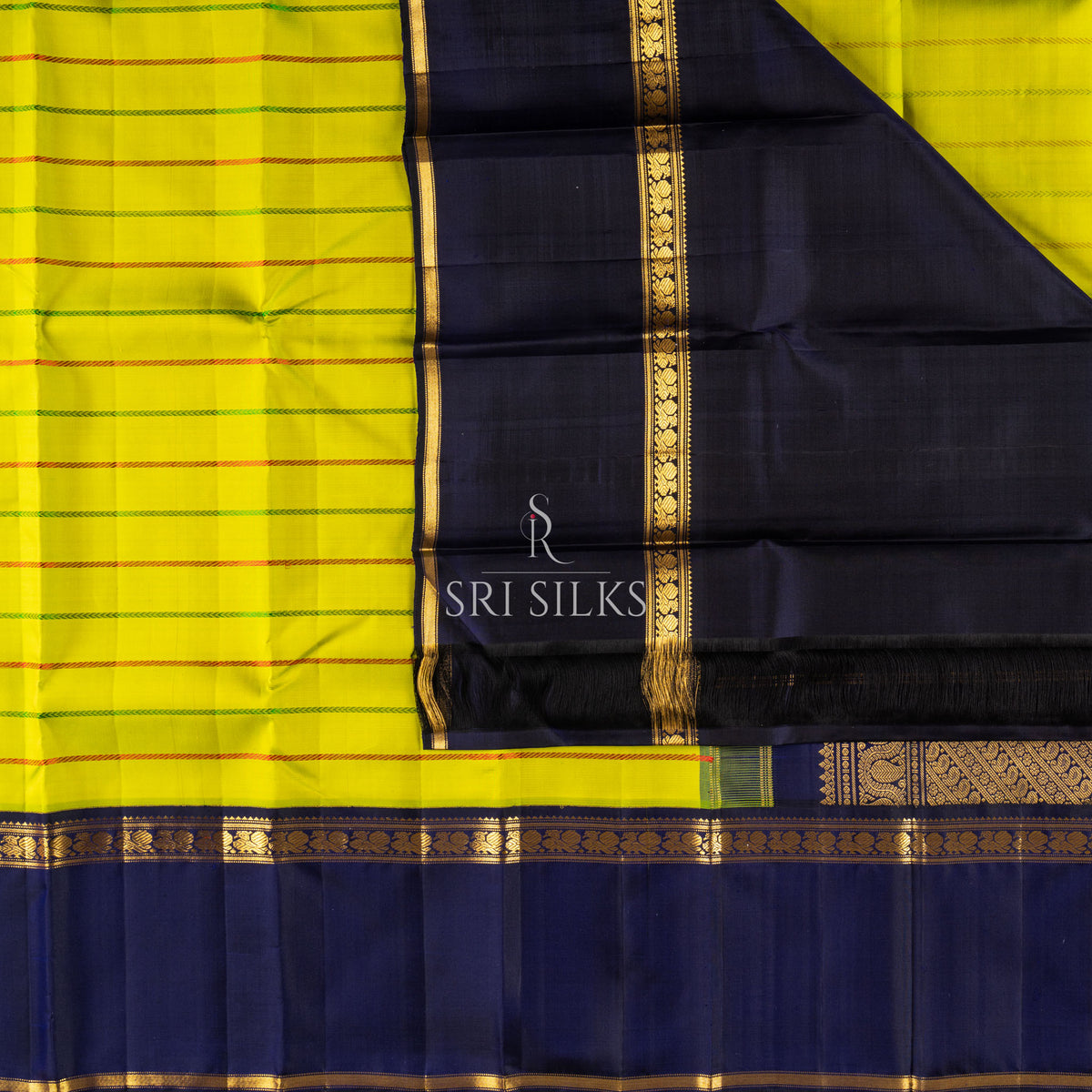 Product Title: Kanjivaram Silk Saree in Lime Yellow with Navy Blue Zari Border SSK-KS-LYNV-020