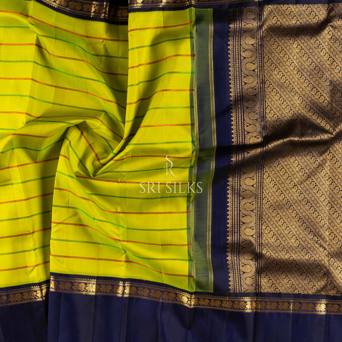Product Title: Kanjivaram Silk Saree in Lime Yellow with Navy Blue Zari Border SSK-KS-LYNV-020