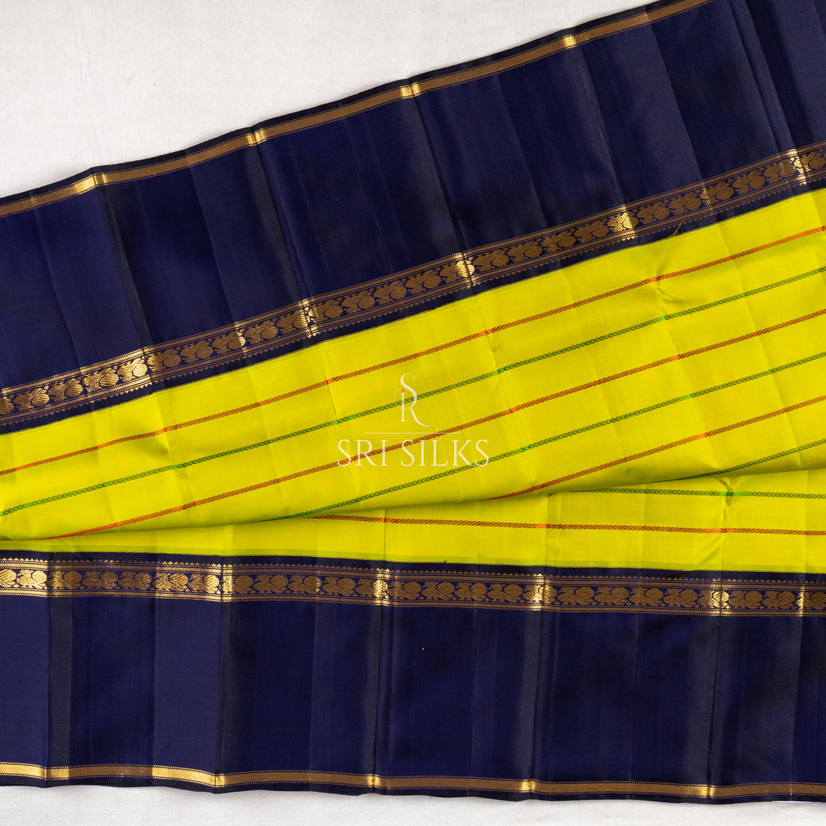 Product Title: Kanjivaram Silk Saree in Lime Yellow with Navy Blue Zari Border SSK-KS-LYNV-020