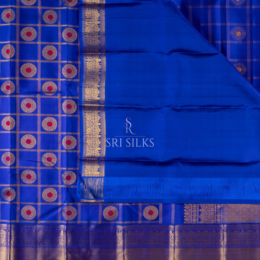 Royal Blue Kanjivaram Silk Saree with Gold Zari Checks and Buttas  SRI-SILKS-SJP-012