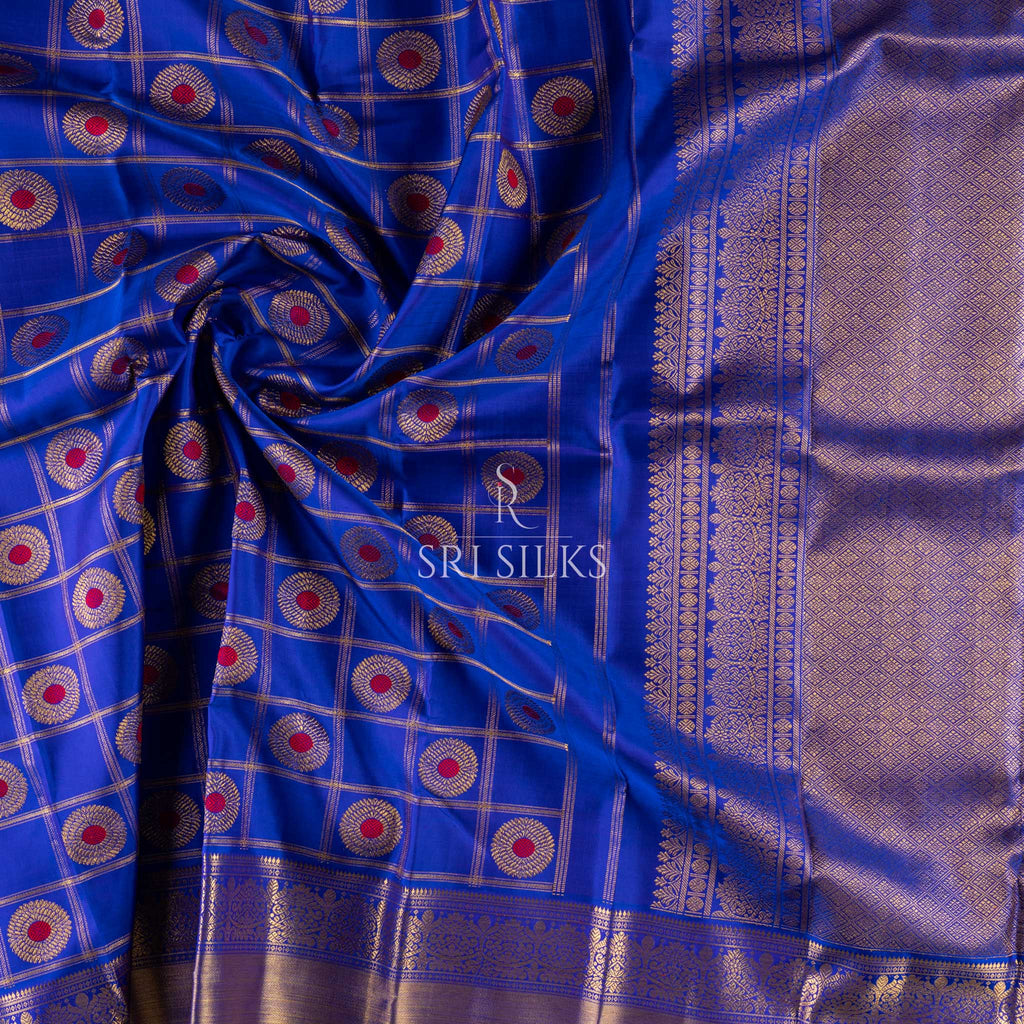 Royal Blue Kanjivaram Silk Saree with Gold Zari Checks and Buttas  SRI-SILKS-SJP-012