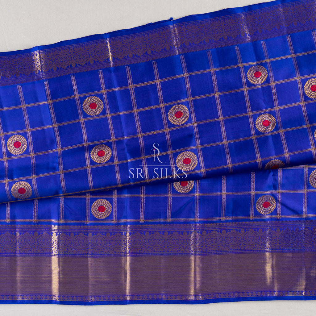 Royal Blue Kanjivaram Silk Saree with Gold Zari Checks and Buttas  SRI-SILKS-SJP-012