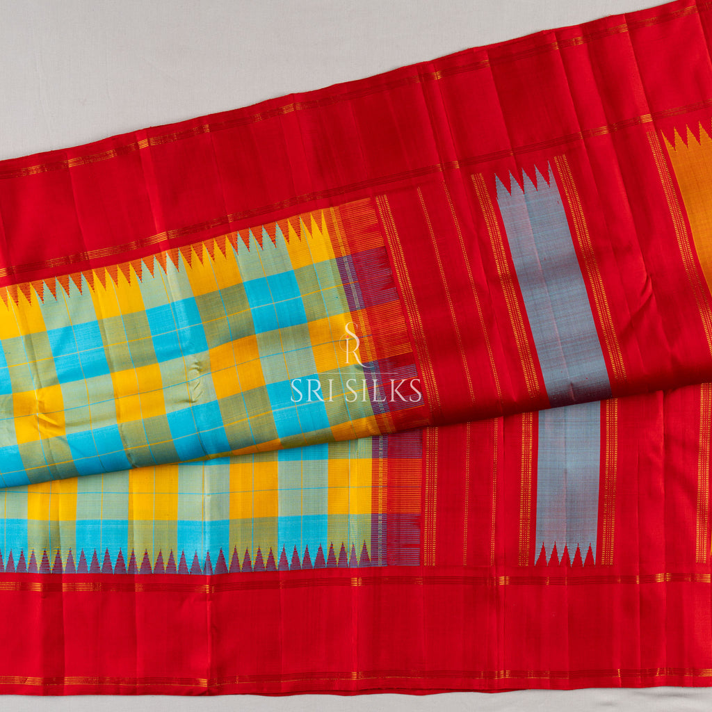 Kanjivaram Silk Saree in Turquoise & Mustard Checks with Red Border SK-KS-TMCR-059