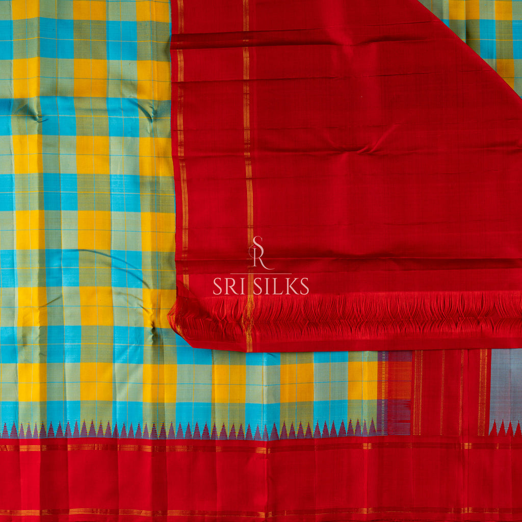 Kanjivaram Silk Saree in Turquoise & Mustard Checks with Red Border SK-KS-TMCR-059